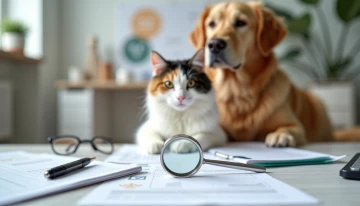 Abstract visual metaphor of examining pet insurance myths with a magnifying glass, featuring pet icons, a shield, and checklist elements in a professional setting