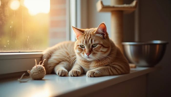 Senior cat resting on windowsill with subtle signs of decreased energy and health changes in a home setting