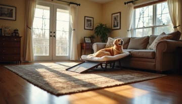 A senior golden retriever resting comfortably in a well-adapted living room