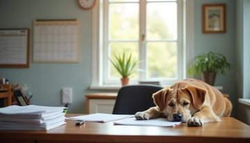 A senior dog resting in a home office with a calendar and papers