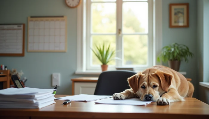 A senior dog resting in a home office with a calendar and papers