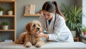 Veterinarian and dog during a routine checkup with natural wellness elements in the background