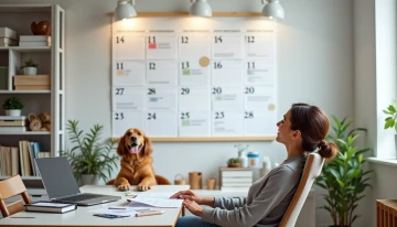 Pet owner reviewing pet wellness schedule on a wall calendar