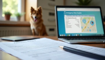 A home office with pet insurance documents, an emergency clinic locator on a laptop, and organized medical records