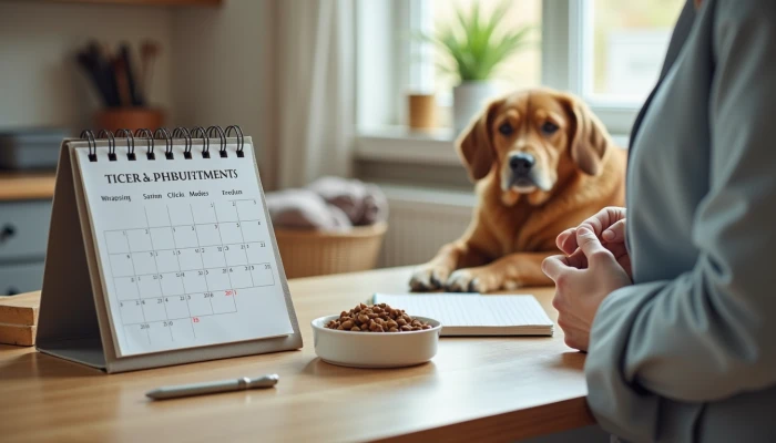 A woman planning senior pet care in a modern kitchen