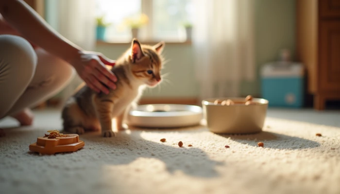 A home environment with subtle clues of potential pet health issues, including a partially eaten food bowl, a scale, and a blurred figure indicating a pet's presence.