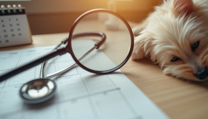 A magnifying glass over a pet's fur with abstract background elements suggesting veterinary care and preventive planning