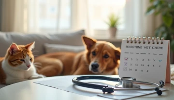 A relaxed scene showing a cat and dog with their owner, featuring abstract wellness-related objects in the background.