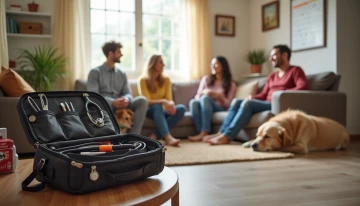 A calm living room scene with a family and their pets, a veterinarian's bag, a calendar, and a first-aid kit, suggesting proactive pet care.