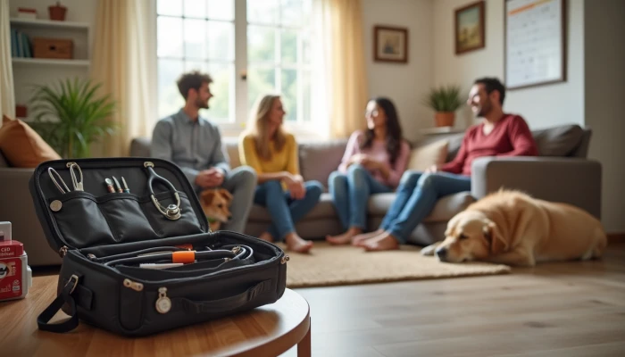 A calm living room scene with a family and their pets, a veterinarian's bag, a calendar, and a first-aid kit, suggesting proactive pet care.