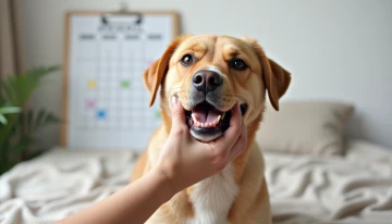 A person's hand checking a pet's vital signs, with a thermometer and calendar partially visible in the background. The pet appears calm but shows subtle signs of mild discomfort.