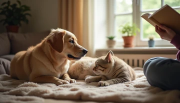 A pet owner relaxing with their anxious dog and cat in a peaceful home environment