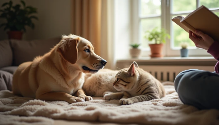 A pet owner relaxing with their anxious dog and cat in a peaceful home environment