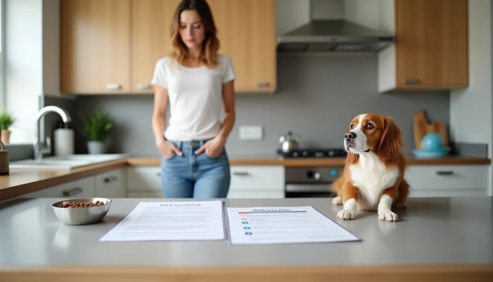 A woman comparing pet insurance and wellness plans in her kitchen