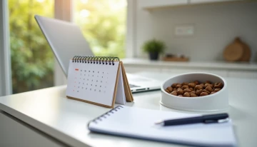 Modern kitchen counter with pet supplies and a closed laptop