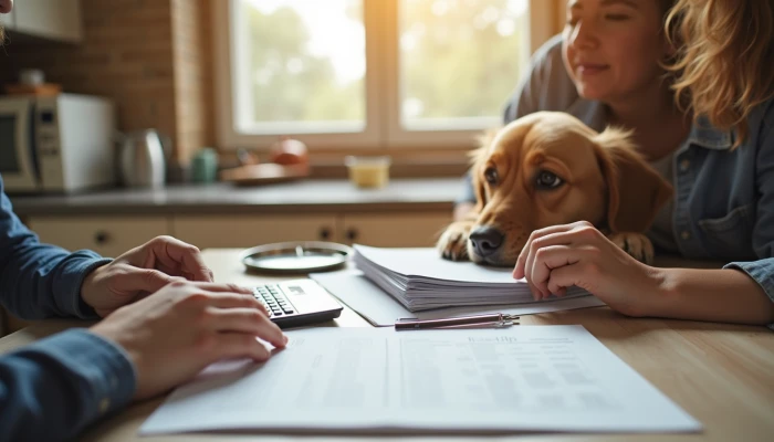 A person reviewing pet insurance documents with a calculator, laptop, and pet supplies on a table, accompanied by a relaxed dog in a home setting.