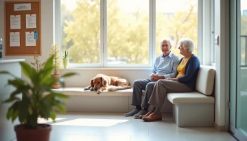 A senior couple with their elderly dog in a clinic waiting area