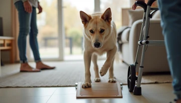 Elderly dog using pet ramp in a modern home