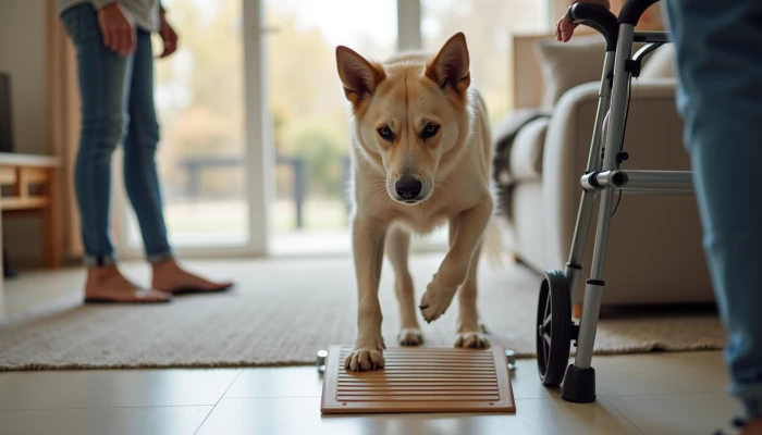 Elderly dog using pet ramp in a modern home