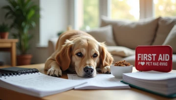 Senior dog resting in a living room with care-related items including a checkbook, food bowl, calendar, first aid kit, and potted plant
