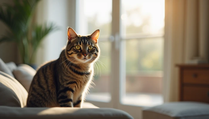 An elderly cat sitting on a couch in a modern living room