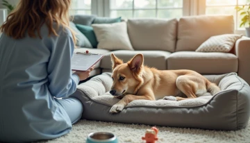 An older dog receiving care from a veterinarian in a modern living room