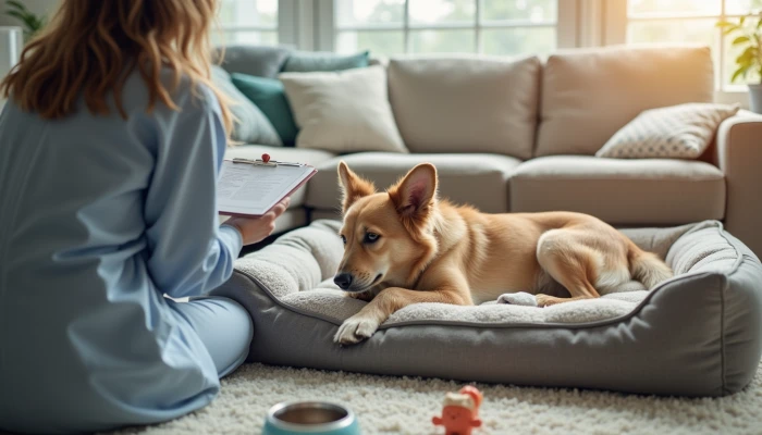 An older dog receiving care from a veterinarian in a modern living room