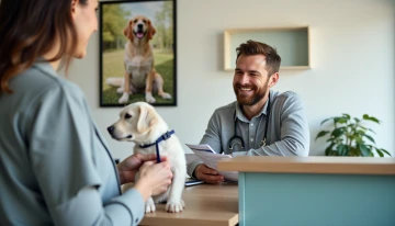 Pet owner studying an insurance policy in a veterinary clinic