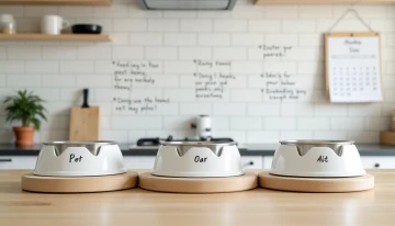 Pet bowls and care schedules organized on a kitchen counter