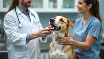 Veterinarian demonstrating proper dog teeth brushing technique to a pet owner in a clinic