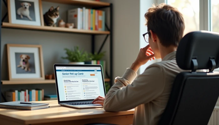 A person planning for senior pet care in a home office