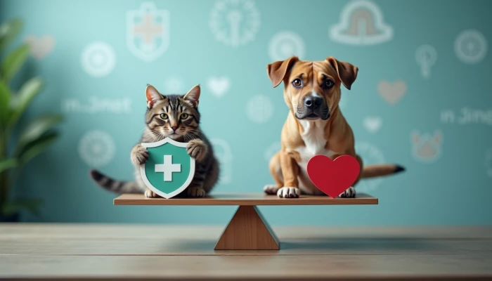 A cat and a dog sitting on a scale, each holding a symbolic object representing pet insurance and wellness care in a modern, softly lit room.