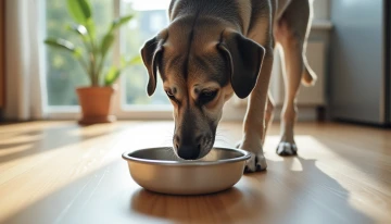 A senior dog drinking water from a bowl on a kitchen floor