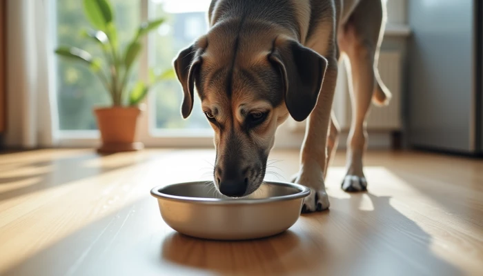A senior dog drinking water from a bowl on a kitchen floor