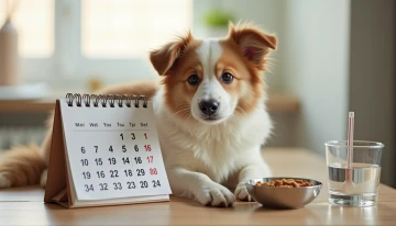 A pet sitting near a calendar and thermometer, with household items indicating routine monitoring and subtle changes in behavior.