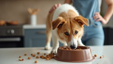 Dog's half-eaten food bowl on a kitchen counter