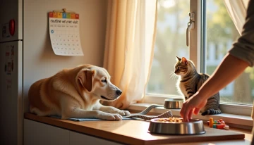 Senior dog and cat in a kitchen with adjusted food bowl, calendar, and pet care items