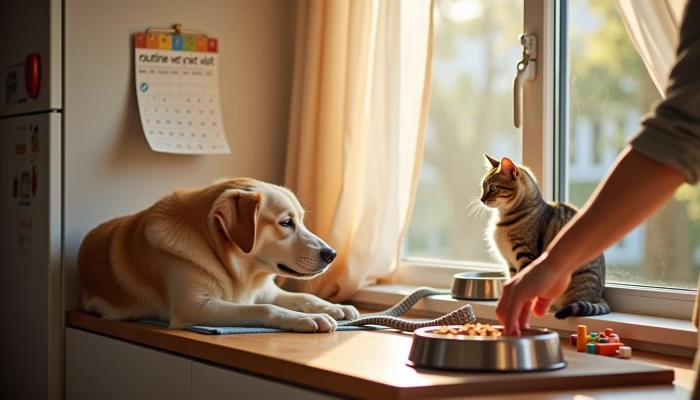 Senior dog and cat in a kitchen with adjusted food bowl, calendar, and pet care items