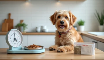 Senior pet being weighed on a kitchen scale
