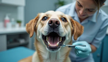A veterinarian examining an elderly dog's teeth