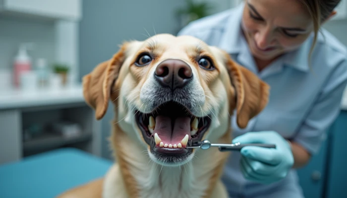 A veterinarian examining an elderly dog's teeth