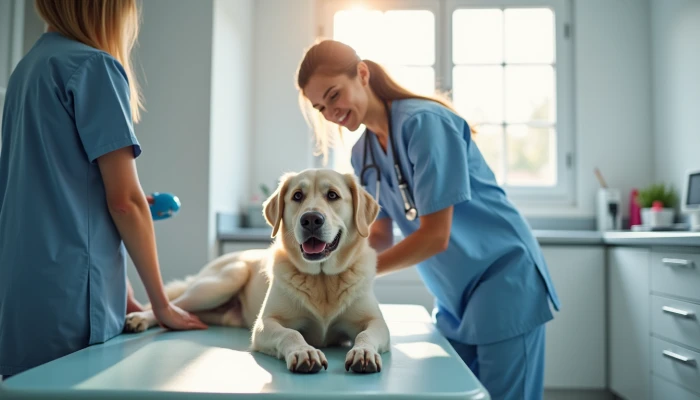 Veterinarian examining a senior dog in an examination room