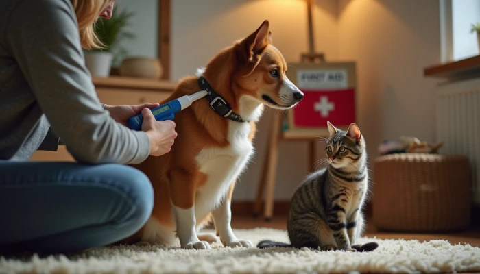 A pet owner examining their dog's temperature with a thermometer in a home setting, with a cat nearby and a first aid kit in the background.