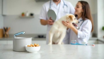 Pet dental care items on a kitchen counter with a blurred veterinarian examining a pet's mouth in the background.