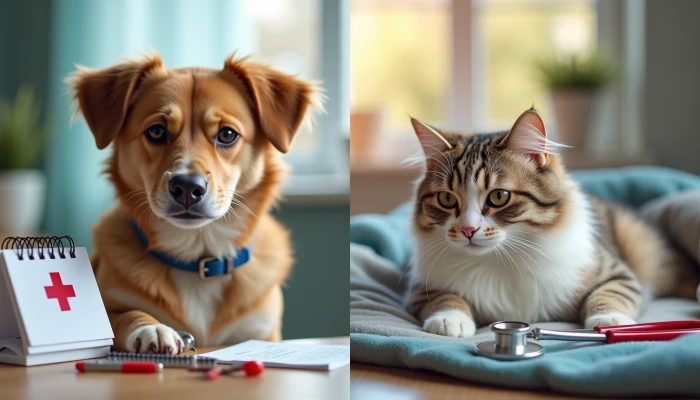 Visual metaphor contrasting routine pet wellness items with emergency veterinary care symbols, separated by an abstract blurred interface