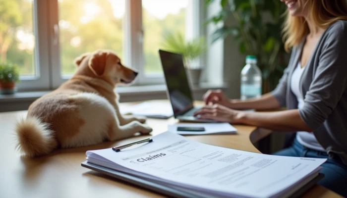 A person working at a desk with organized paperwork, a laptop, and a calm pet resting nearby in a modern home office.