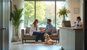 A pet owner sitting in a veterinary clinic reception area with their dog
