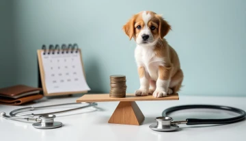 A balance scale showing a pet on one side and coins on the other, with surrounding objects symbolizing health and financial considerations.