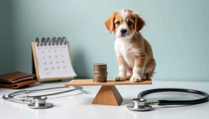A balance scale showing a pet on one side and coins on the other, with surrounding objects symbolizing health and financial considerations.