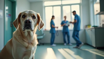 Elderly dog in a veterinary clinic with pet owners and vets discussing its behavior